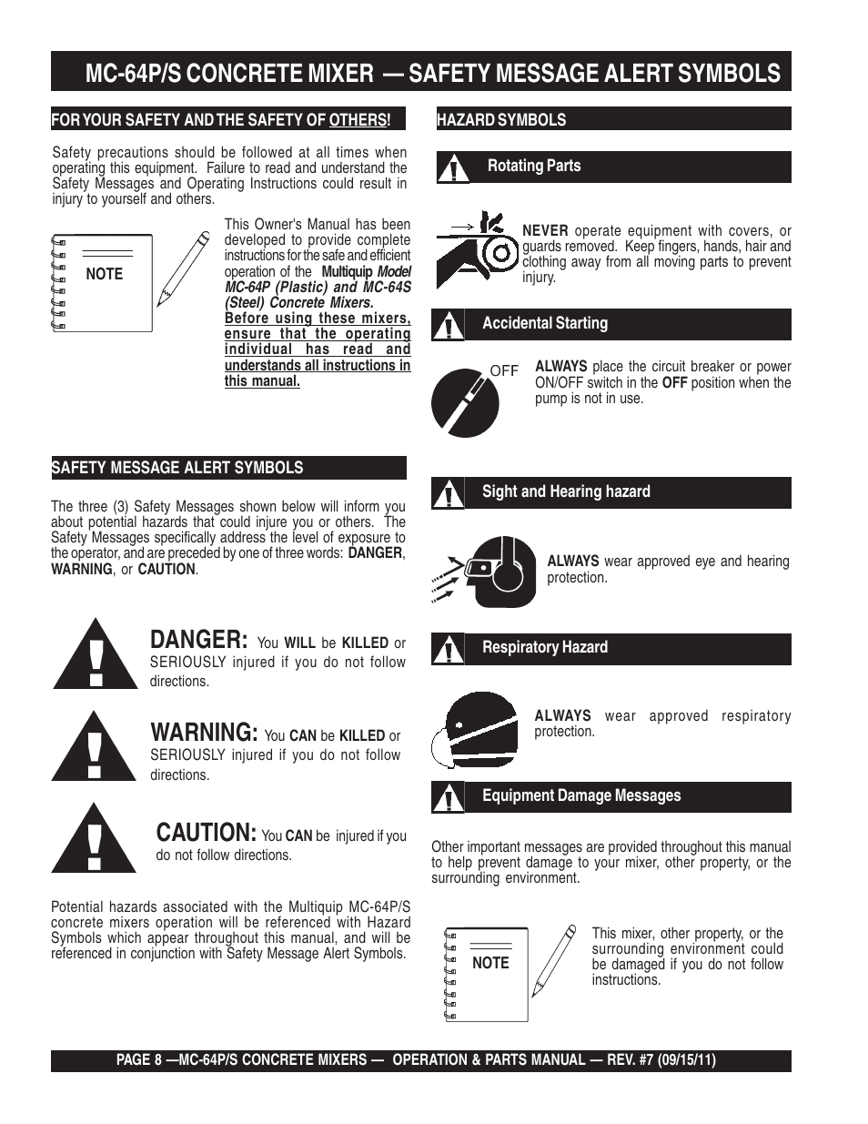 Danger, Warning, Caution | Multiquip MC64P User Manual | Page 8 / 116