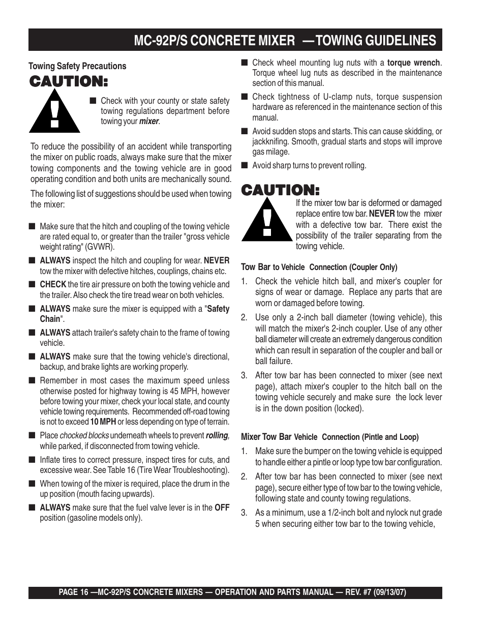 Mc-92p/s concrete mixer — towing guidelines, Caution | Multiquip MC92S_P User Manual | Page 16 / 86