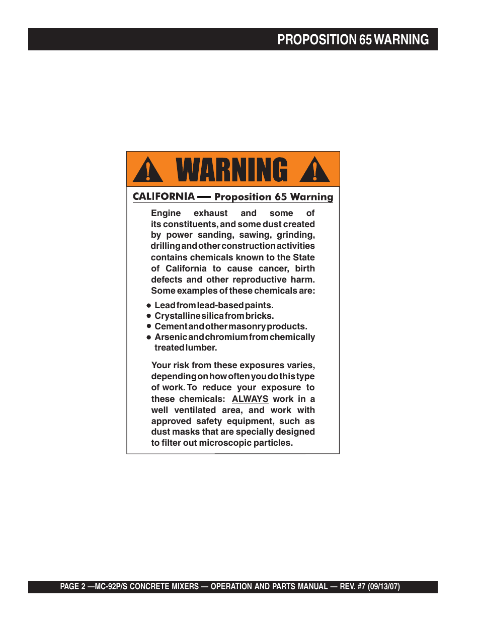 Proposition 65 warning | Multiquip MC92S_P User Manual | Page 2 / 86