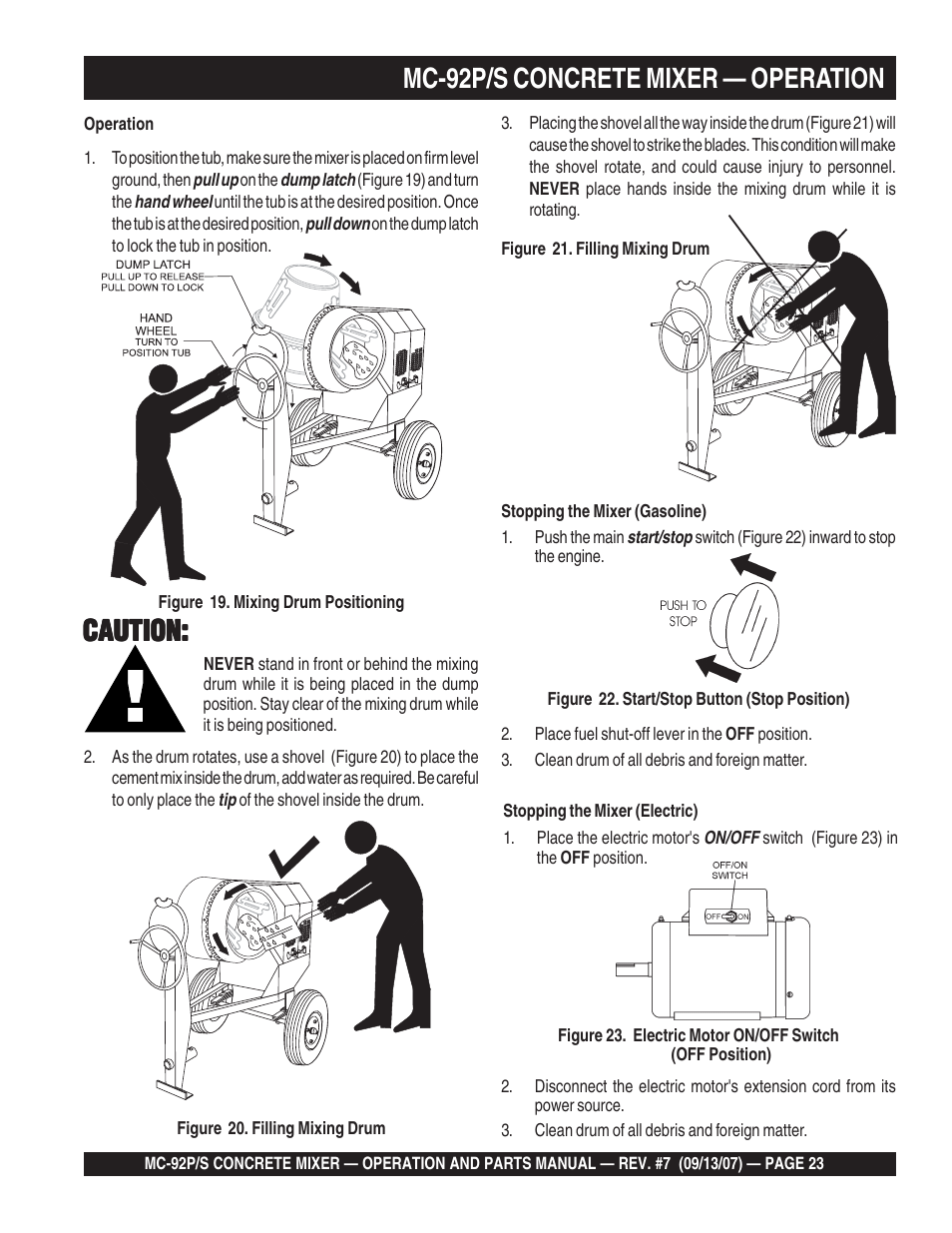 Mc-92p/s concrete mixer — operation, Caution | Multiquip MC92S_P User Manual | Page 23 / 86