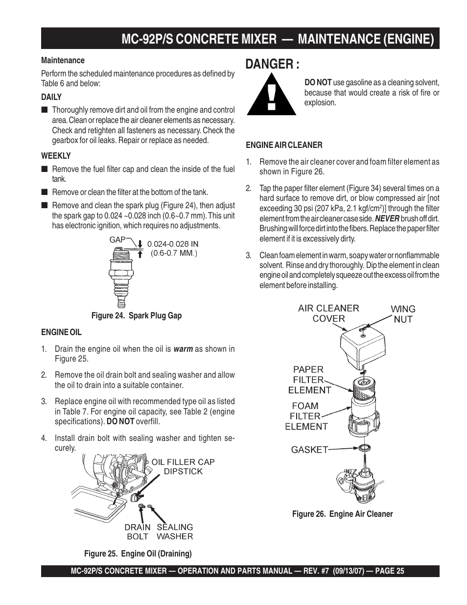 Danger, Mc-92p/s concrete mixer — maintenance (engine) | Multiquip MC92S_P User Manual | Page 25 / 86