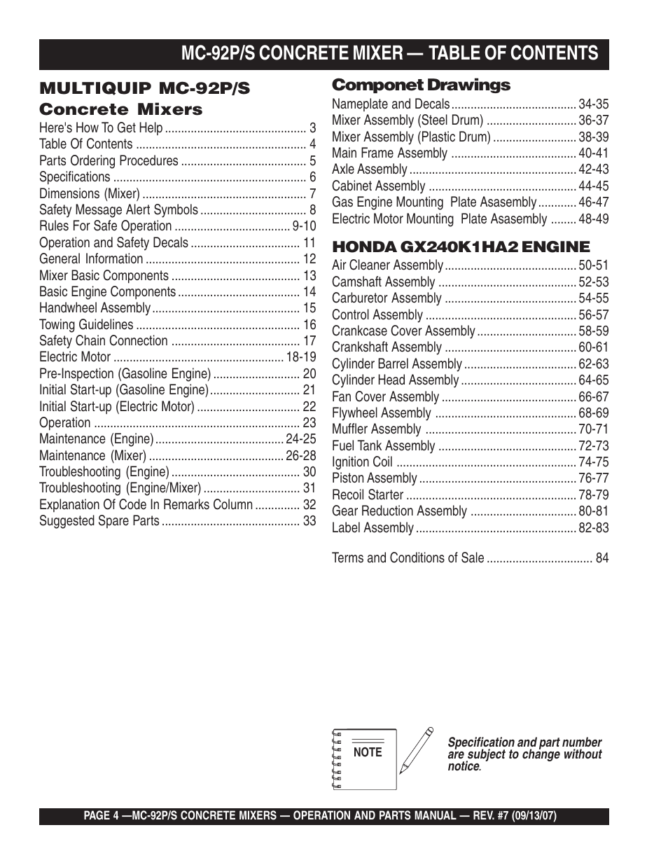 Mc-92p/s concrete mixer — table of contents | Multiquip MC92S_P User Manual | Page 4 / 86
