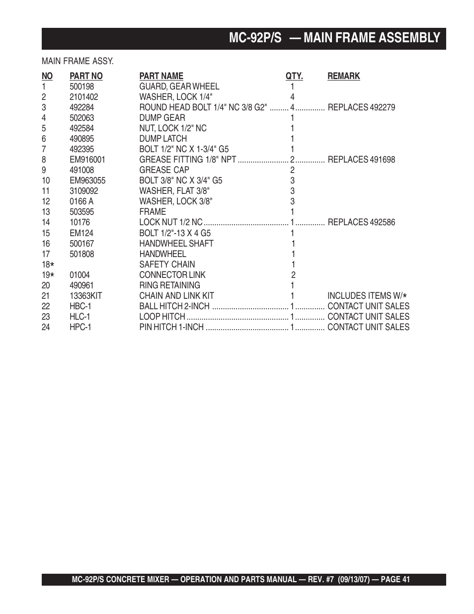 Mc-92p/s — main frame assembly | Multiquip MC92S_P User Manual | Page 41 / 86