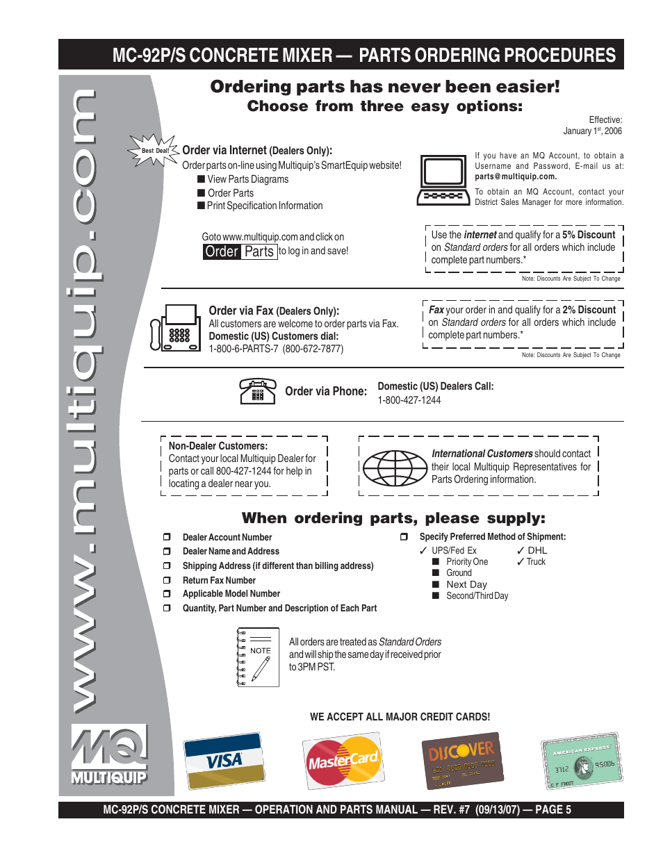 Ordering parts has never been easier, Choose from three easy options, When ordering parts, please supply | Order parts | Multiquip MC92S_P User Manual | Page 5 / 86