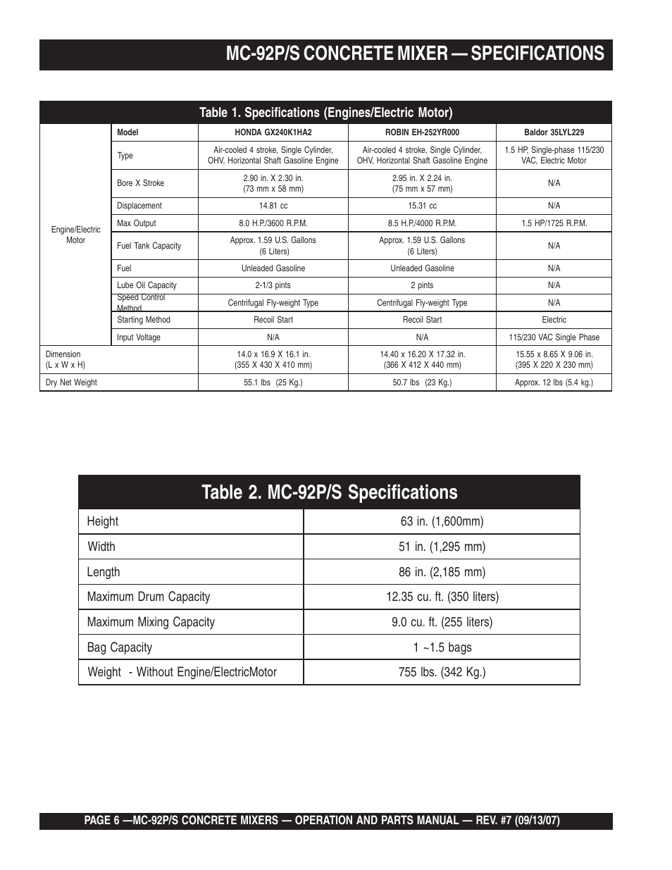Mc-92p/s concrete mixer — specifications | Multiquip MC92S_P User Manual | Page 6 / 86