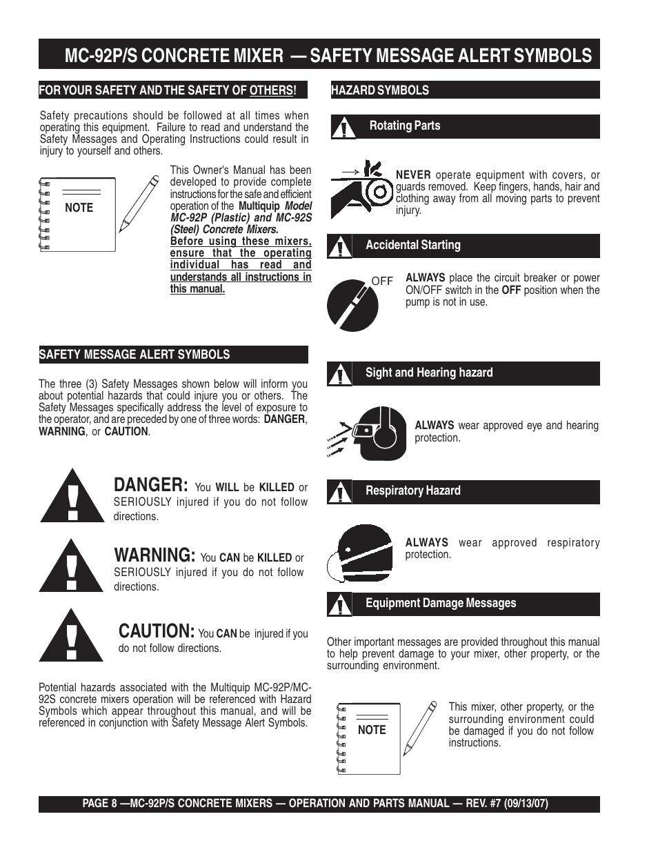 Danger, Warning, Caution | Multiquip MC92S_P User Manual | Page 8 / 86