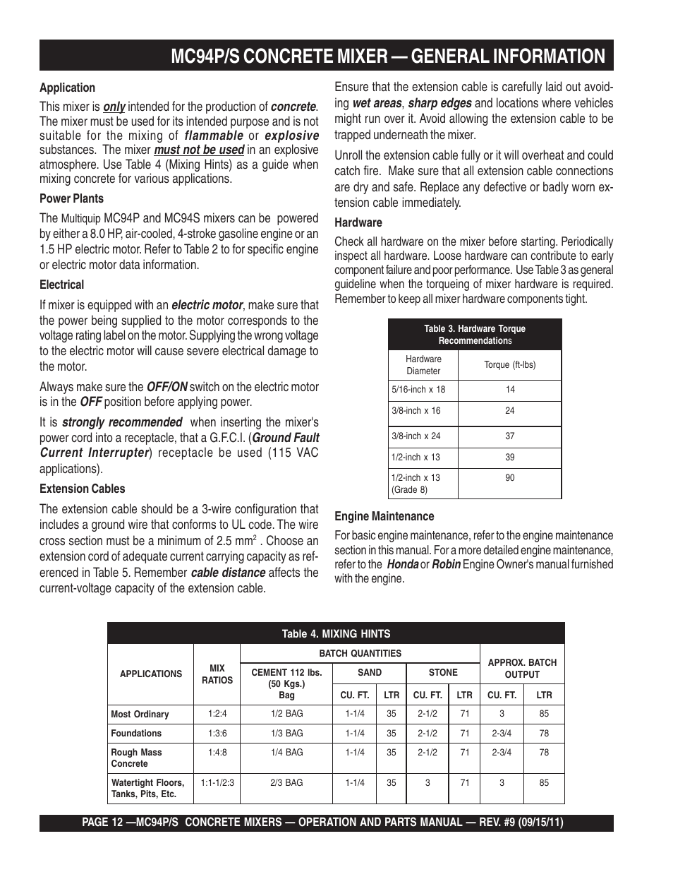 Mc94p/s concrete mixer — general information, Honda, Robin | Application, Power plants, Multiquip, Electrical, Extension cables, Engine owner's manual furnished with the engine | Multiquip MC94S_P User Manual | Page 12 / 84
