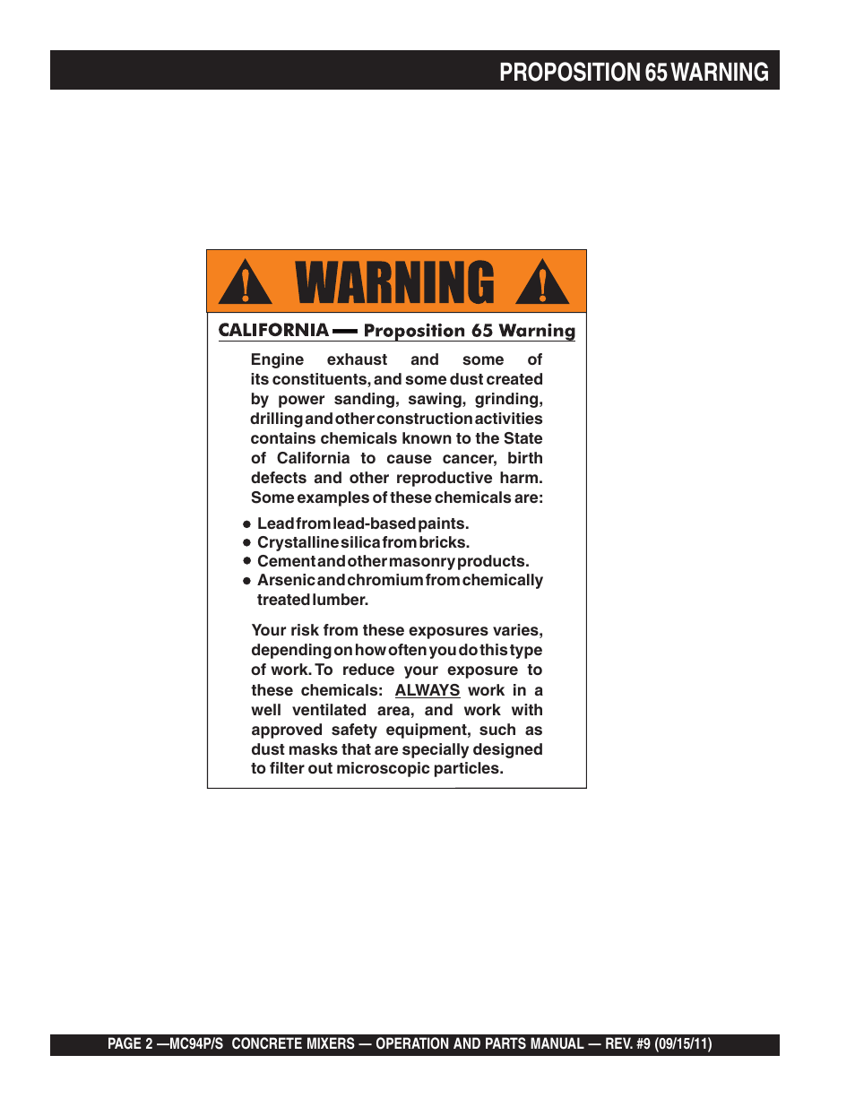 Proposition 65 warning | Multiquip MC94S_P User Manual | Page 2 / 84