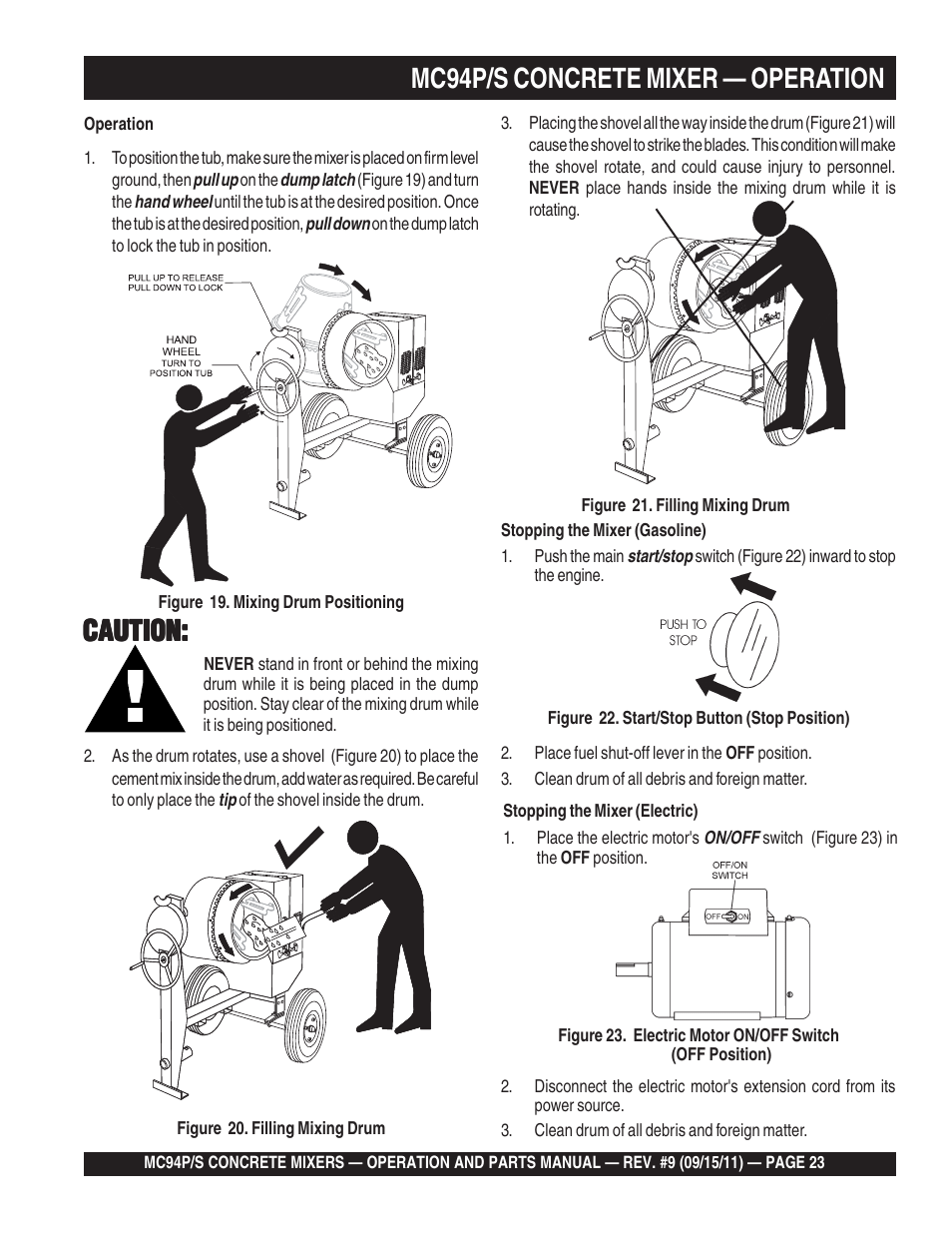 Mc94p/s concrete mixer — operation, Caution | Multiquip MC94S_P User Manual | Page 23 / 84