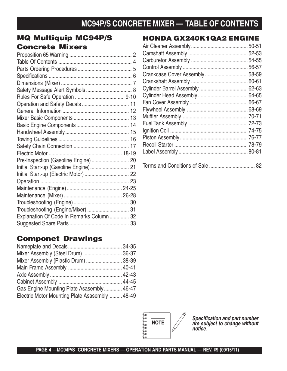 Mc94p/s concrete mixer — table of contents | Multiquip MC94S_P User Manual | Page 4 / 84