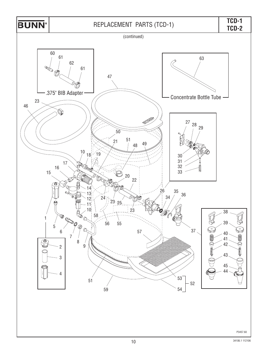 Tcd-1 tcd-2 replacement parts (tcd-1) | Bunn TCD-2 User Manual | Page 10 / 18