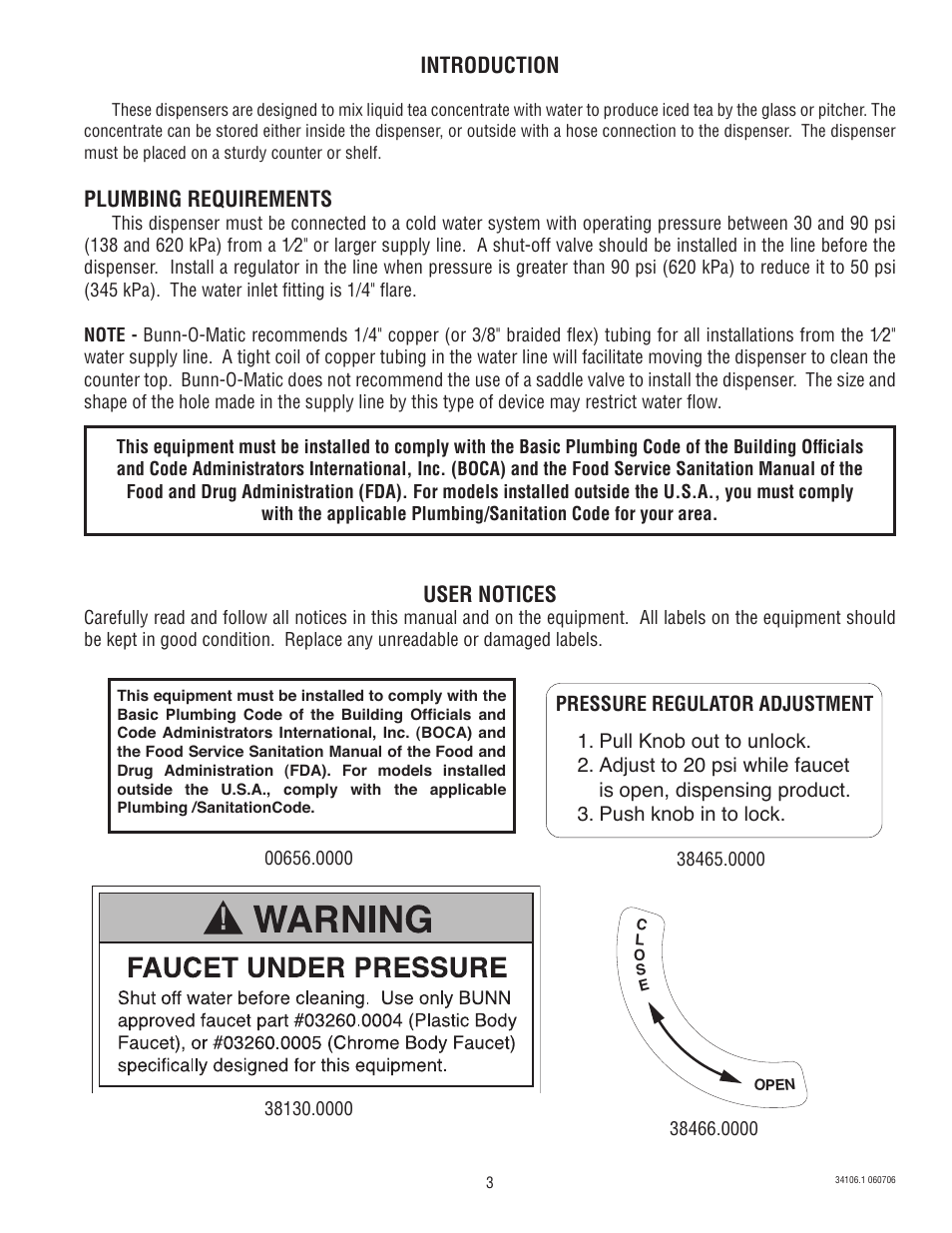 Introduction, Plumbing requirements, User notices | Bunn TCD-2 User Manual | Page 3 / 18