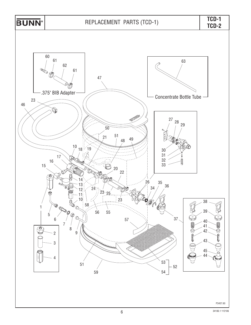 Tcd-1 tcd-2, Replacement parts (tcd-1) | Bunn TCD-2 User Manual | Page 6 / 18