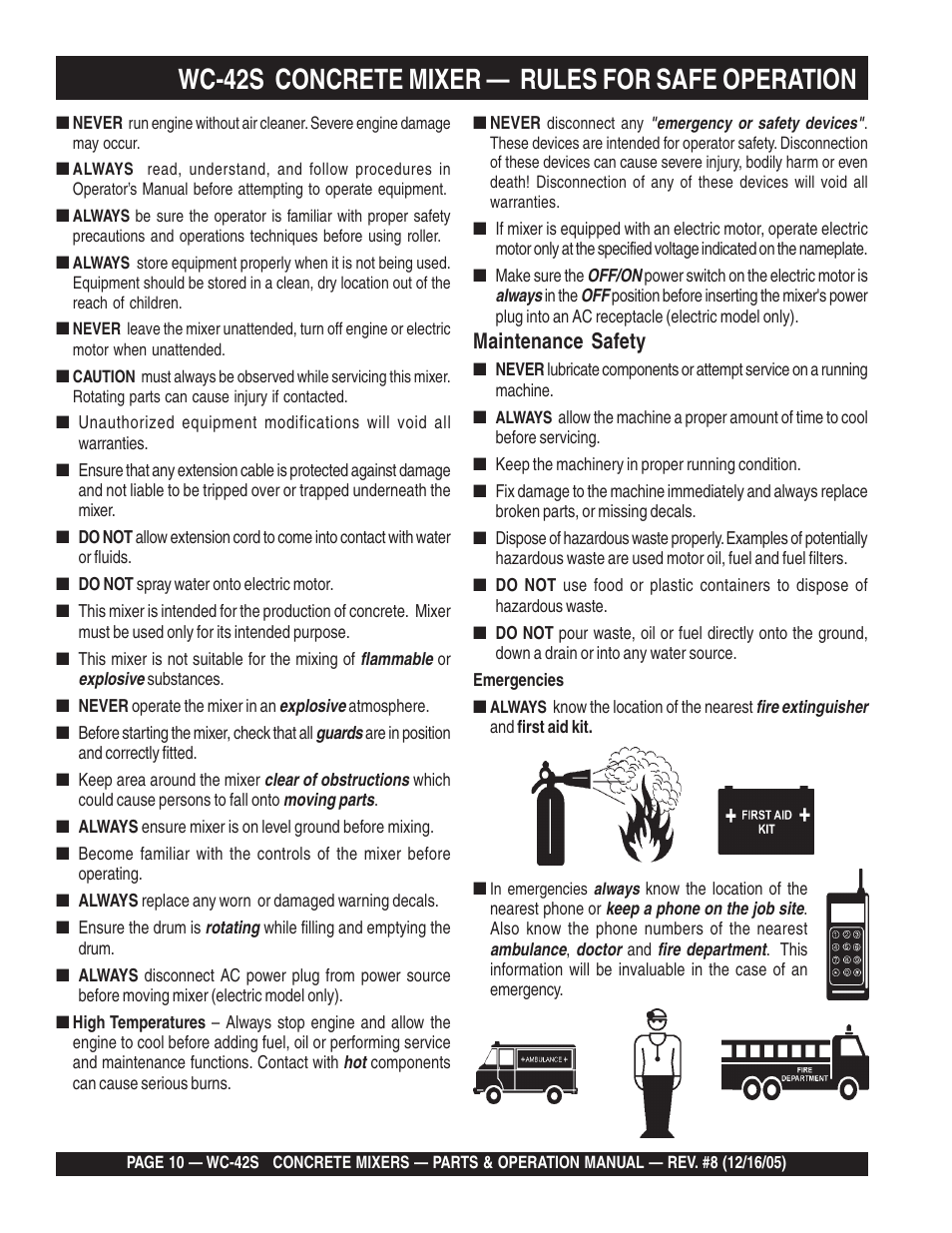 Wc-42s concrete mixer — rules for safe operation, Maintenance safety | Multiquip WC42S User Manual | Page 10 / 84