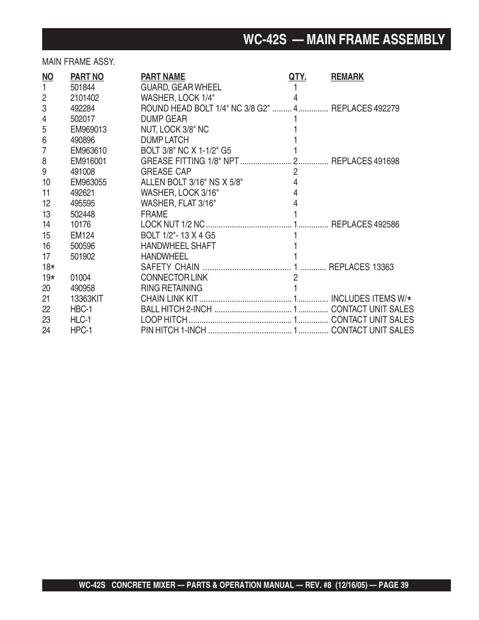 Wc-42s — main frame assembly | Multiquip WC42S User Manual | Page 39 / 84