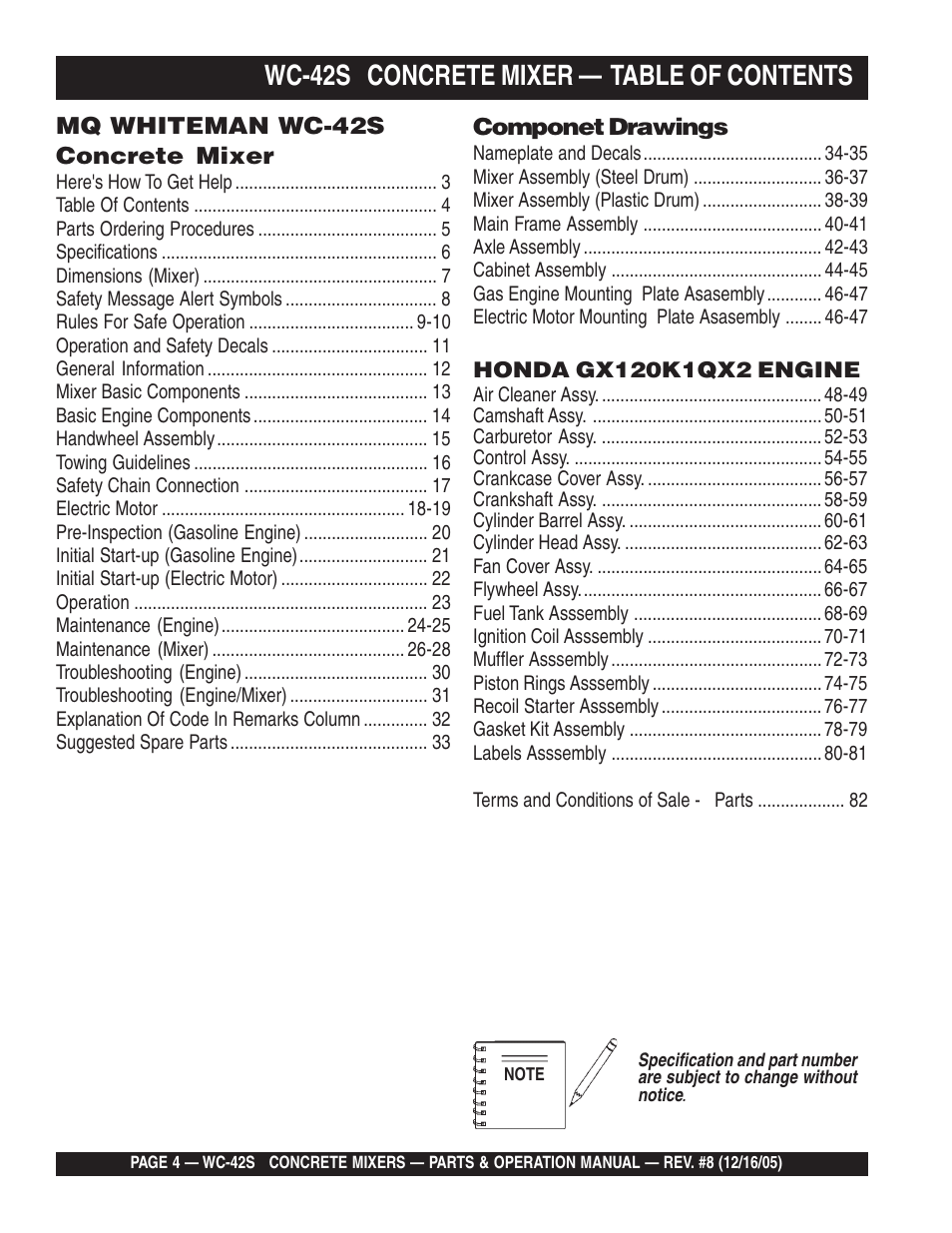 Wc-42s concrete mixer — table of contents | Multiquip WC42S User Manual | Page 4 / 84