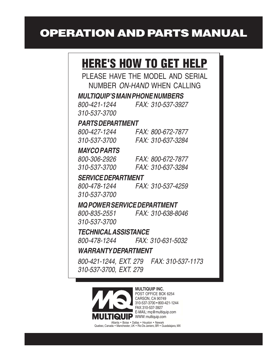 Here's how to get help, Operation and parts manual | Multiquip WC42S User Manual | Page 84 / 84