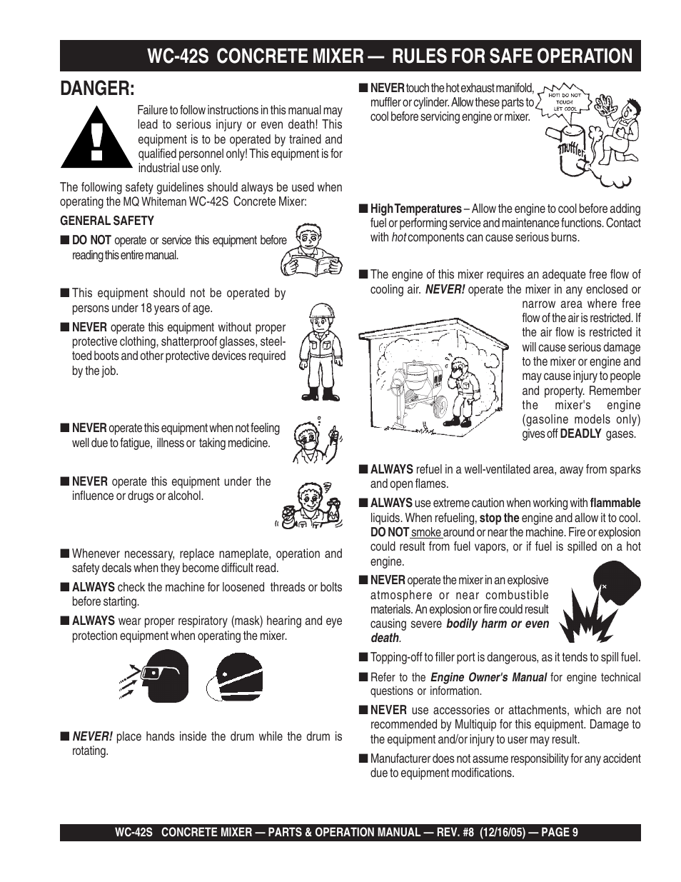 Wc-42s concrete mixer — rules for safe operation, Danger | Multiquip WC42S User Manual | Page 9 / 84