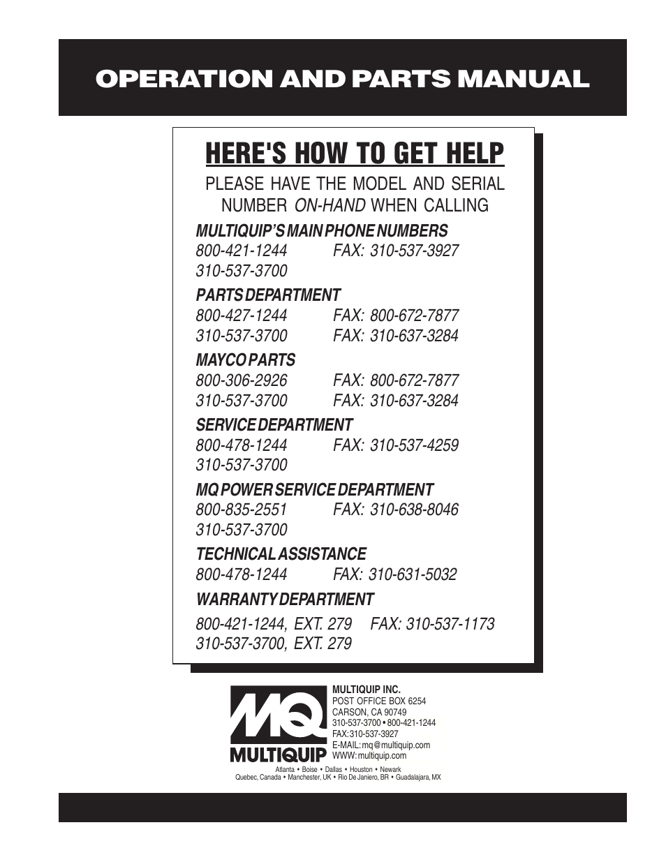 Here's how to get help, Operation and parts manual | Multiquip WC62S_P User Manual | Page 120 / 120