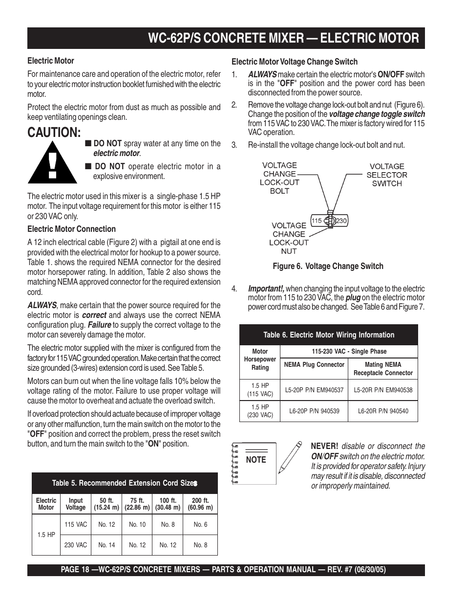 Wc-62p/s concrete mixer — electric motor, Caution, Always | Correct, Failure, Electric motor, Voltage change toggle switch, Important, Plug | Multiquip WC62S_P User Manual | Page 18 / 120