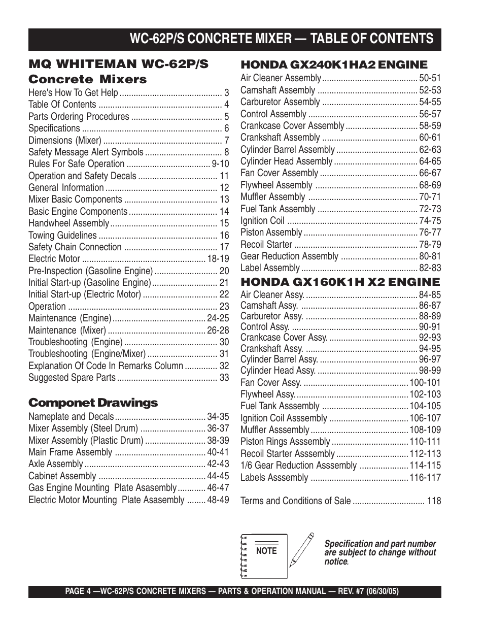 Wc-62p/s concrete mixer — table of contents | Multiquip WC62S_P User Manual | Page 4 / 120