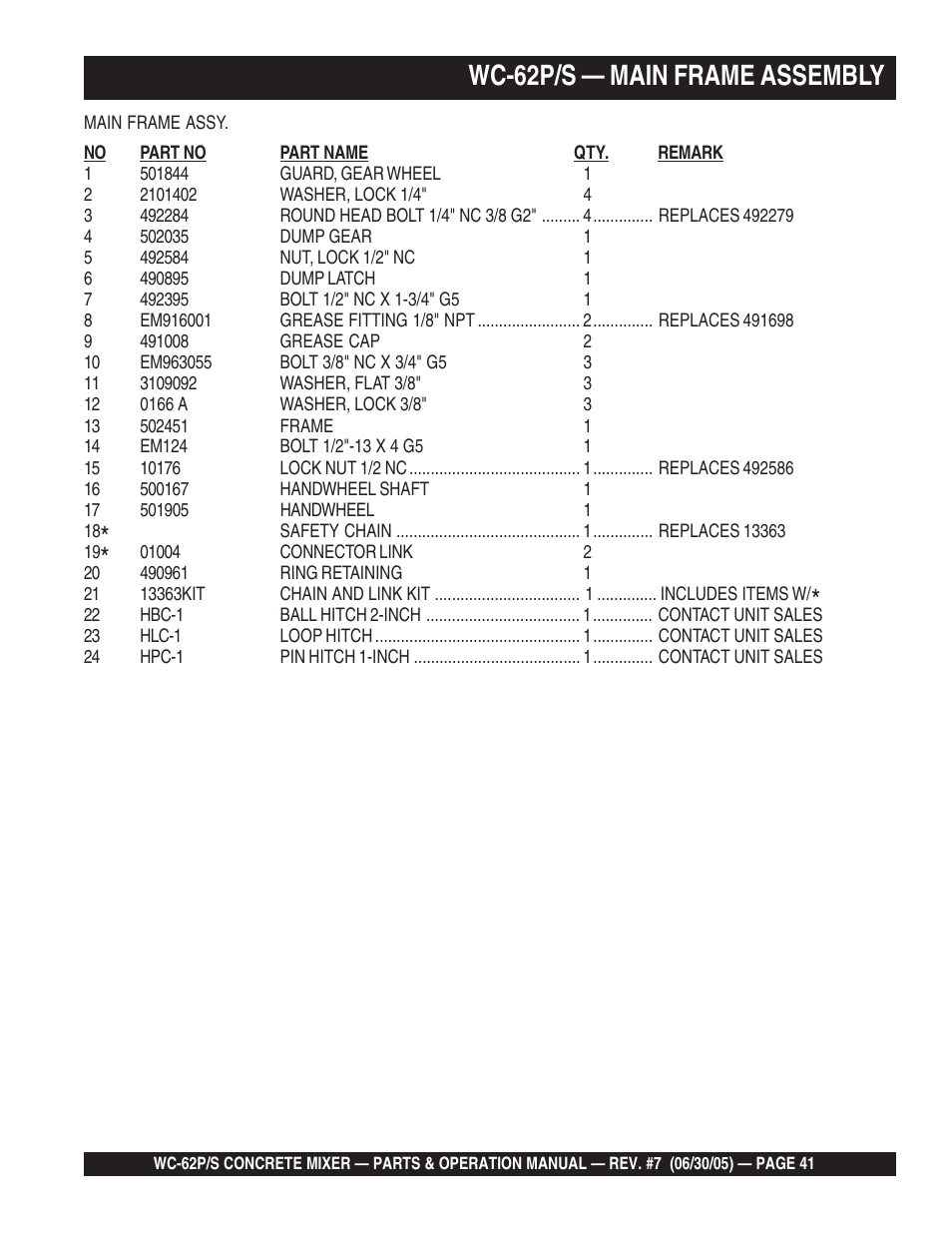 Wc-62p/s — main frame assembly | Multiquip WC62S_P User Manual | Page 41 / 120