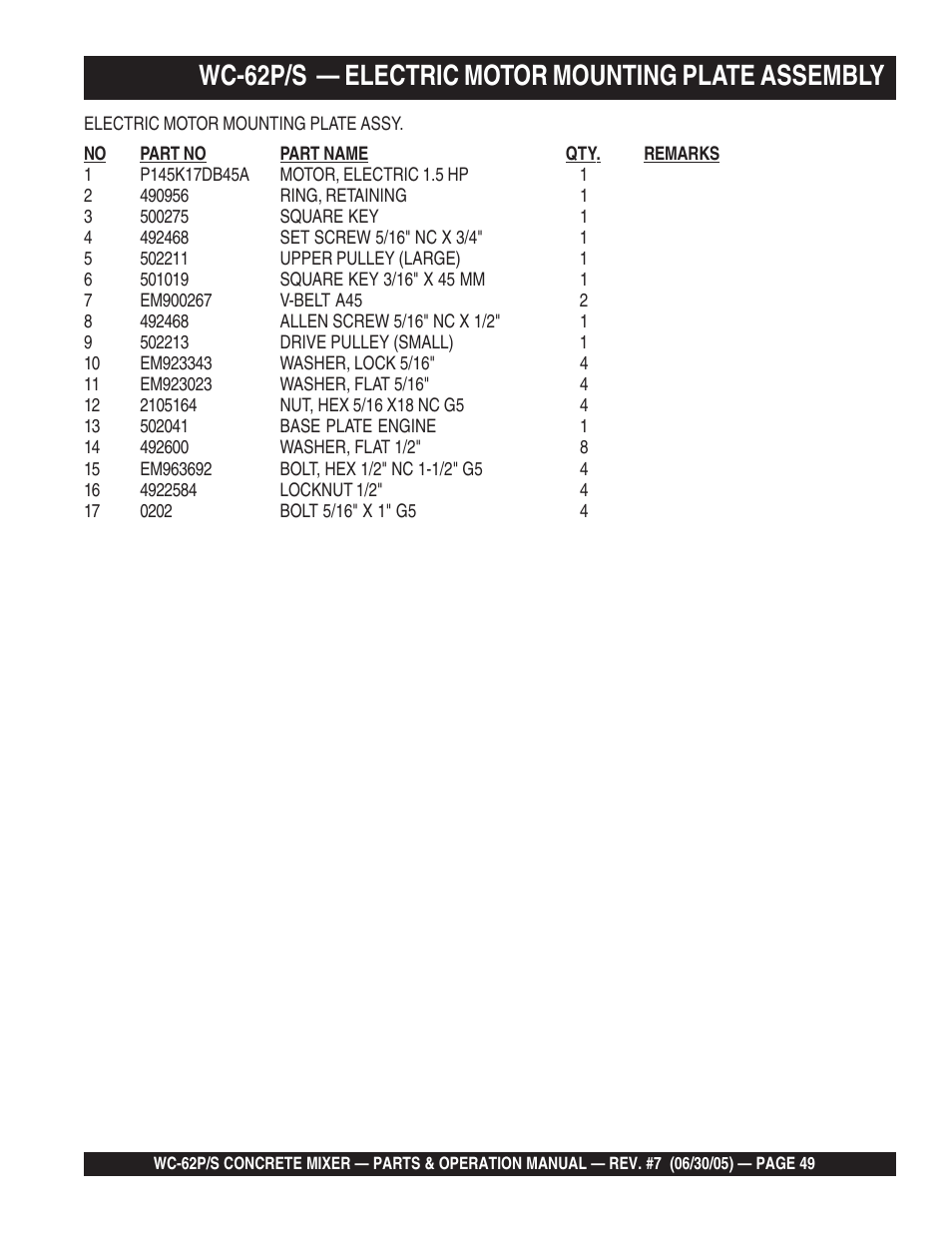 Wc-62p/s — electric motor mounting plate assembly | Multiquip WC62S_P User Manual | Page 49 / 120