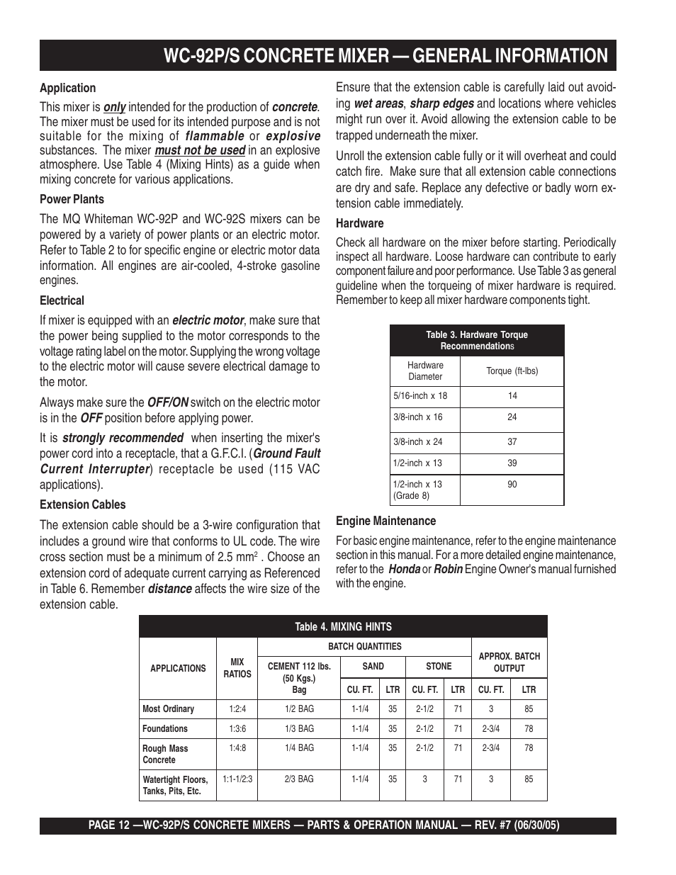 Wc-92p/s concrete mixer — general information, Honda, Robin | Multiquip WC92S_P User Manual | Page 12 / 86