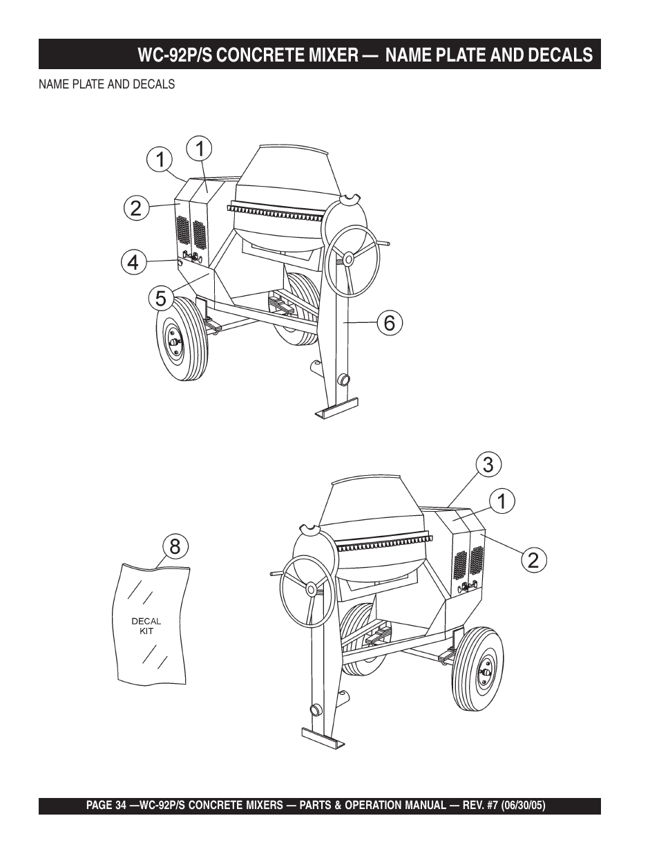 Wc-92p/s concrete mixer — name plate and decals | Multiquip WC92S_P User Manual | Page 34 / 86