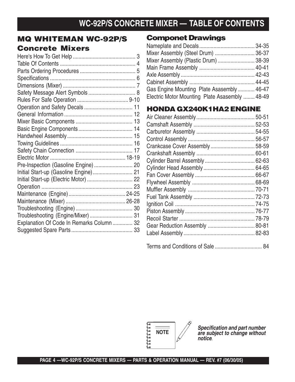 Wc-92p/s concrete mixer — table of contents | Multiquip WC92S_P User Manual | Page 4 / 86
