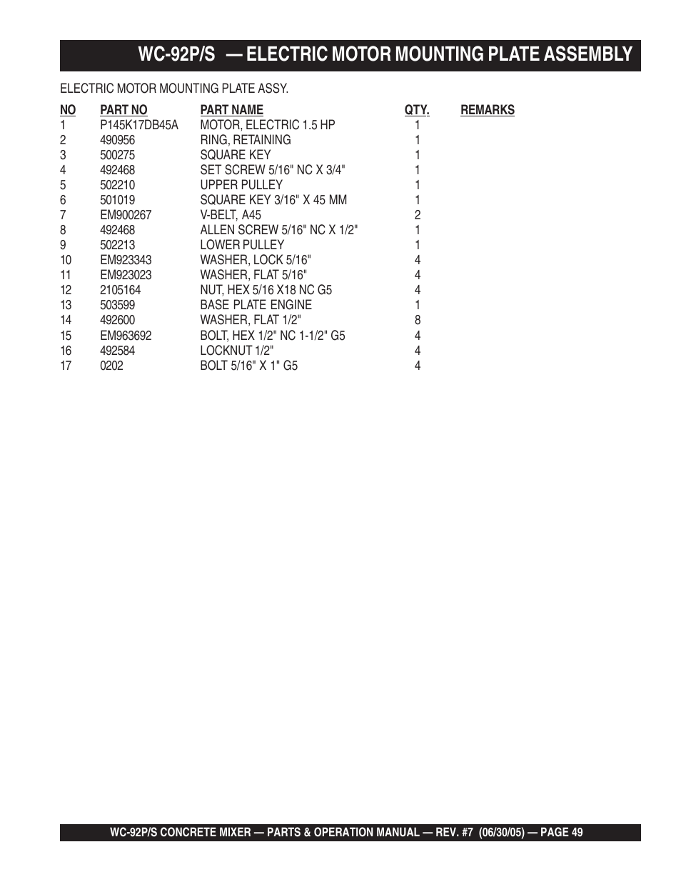 Wc-92p/s — electric motor mounting plate assembly | Multiquip WC92S_P User Manual | Page 49 / 86
