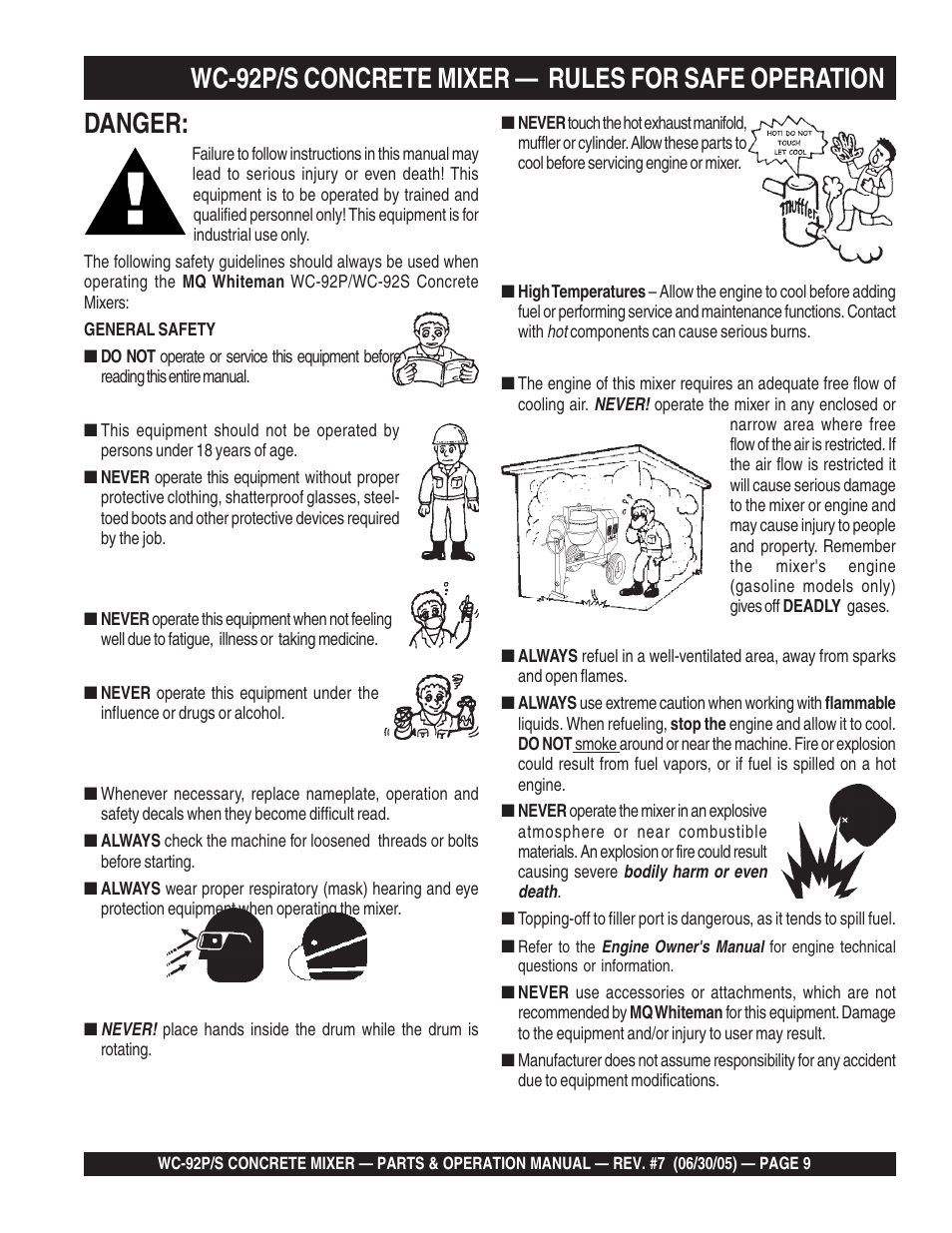 Wc-92p/s concrete mixer — rules for safe operation, Danger | Multiquip WC92S_P User Manual | Page 9 / 86