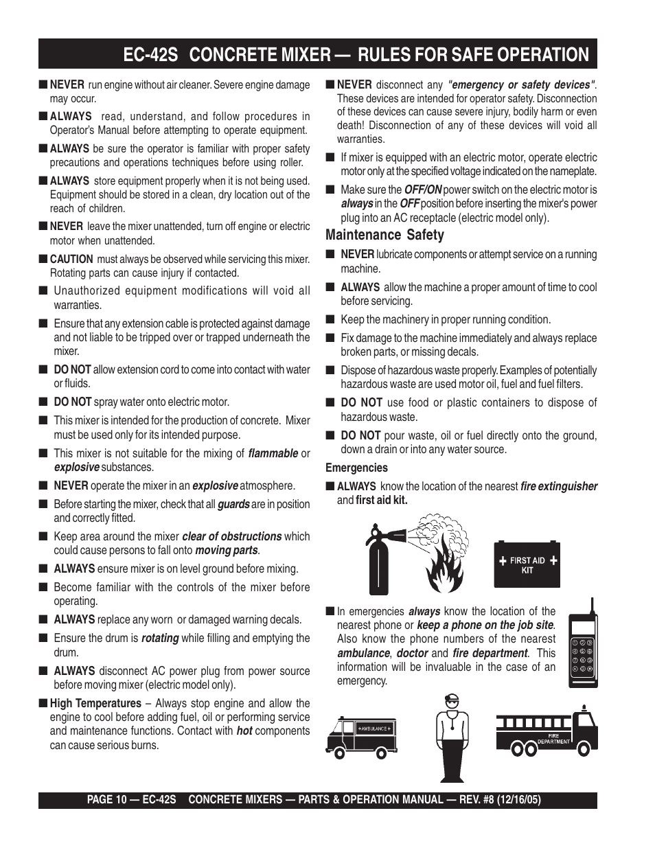 Ec-42s concrete mixer — rules for safe operation, Maintenance safety | Multiquip EC42S User Manual | Page 10 / 84