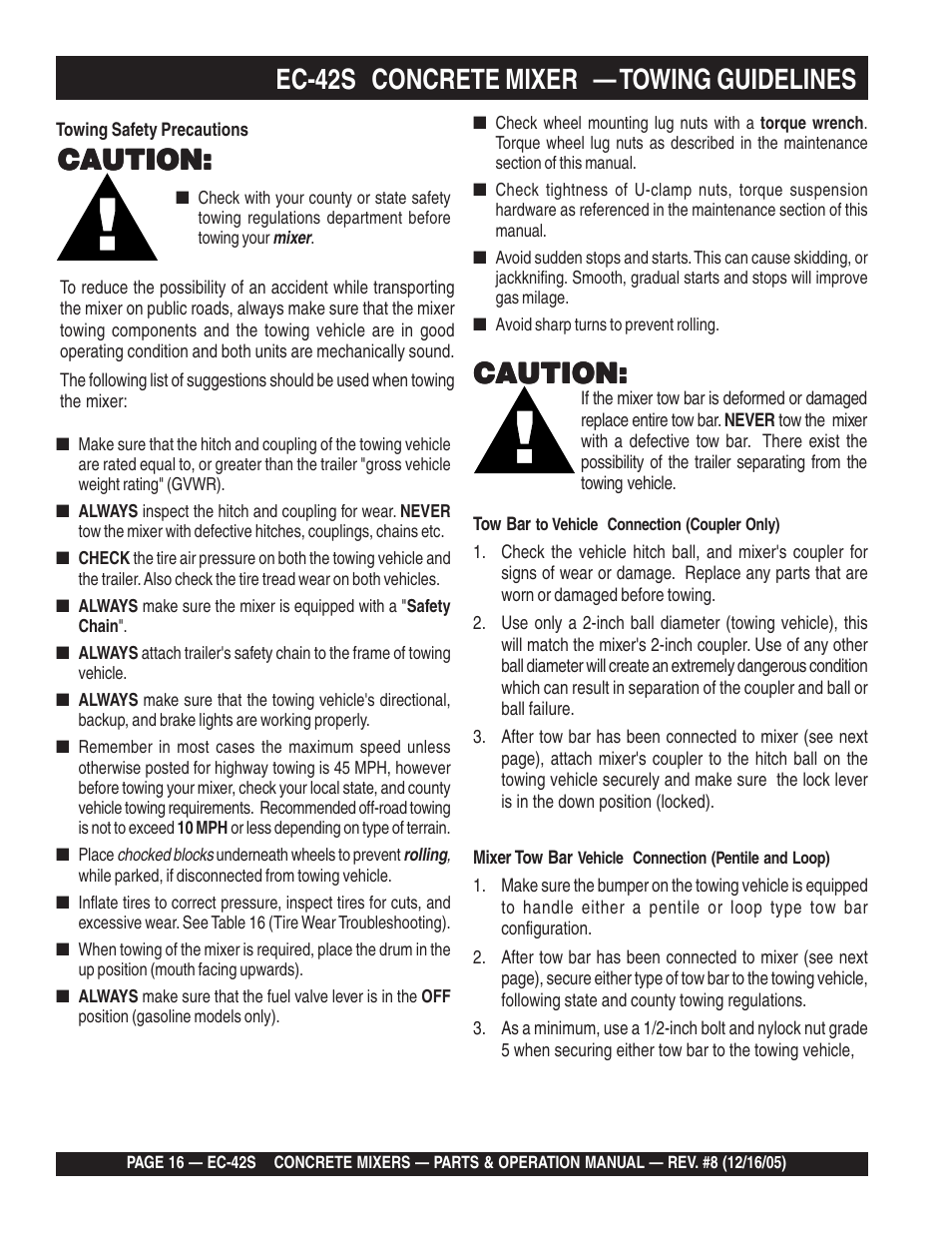 Ec-42s concrete mixer — towing guidelines, Caution | Multiquip EC42S User Manual | Page 16 / 84