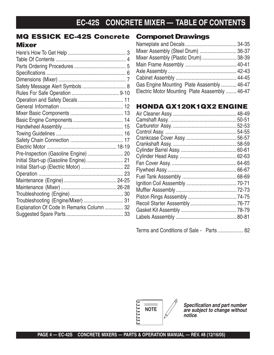 Ec-42s concrete mixer — table of contents | Multiquip EC42S User Manual | Page 4 / 84