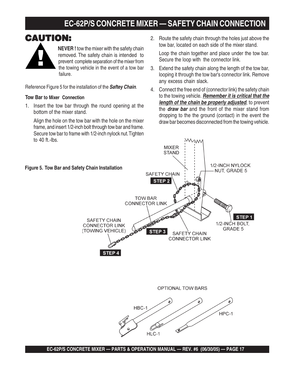 Ec-62p/s concrete mixer — safety chain connection, Caution | Multiquip EC62S_P User Manual | Page 17 / 120