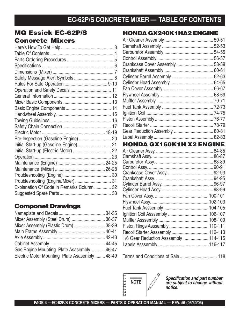 Ec-62p/s concrete mixer — table of contents | Multiquip EC62S_P User Manual | Page 4 / 120