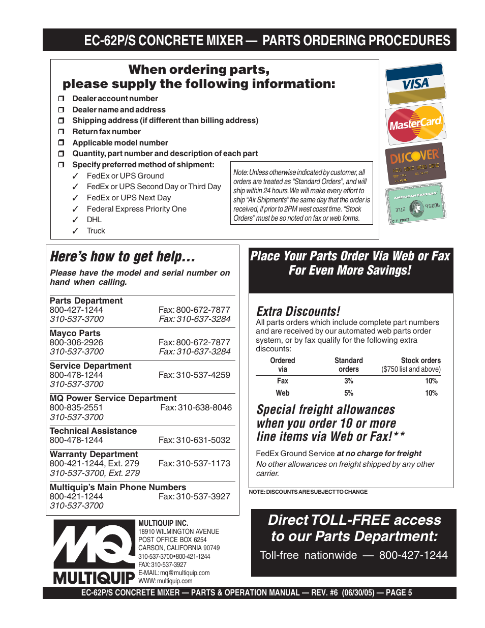 Here’s how to get help, Direct toll-free access to our parts department, Extra discounts | Multiquip EC62S_P User Manual | Page 5 / 120
