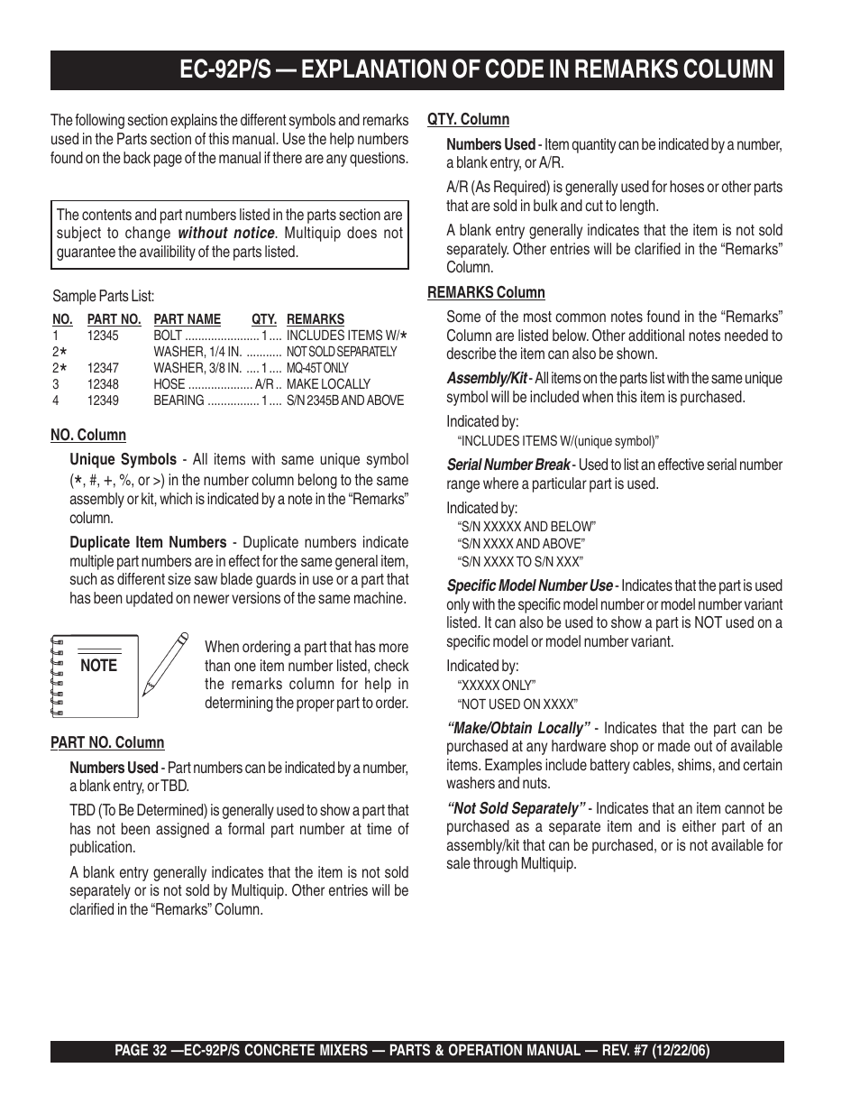 Ec-92p/s — explanation of code in remarks column | Multiquip EC92S_P User Manual | Page 32 / 86