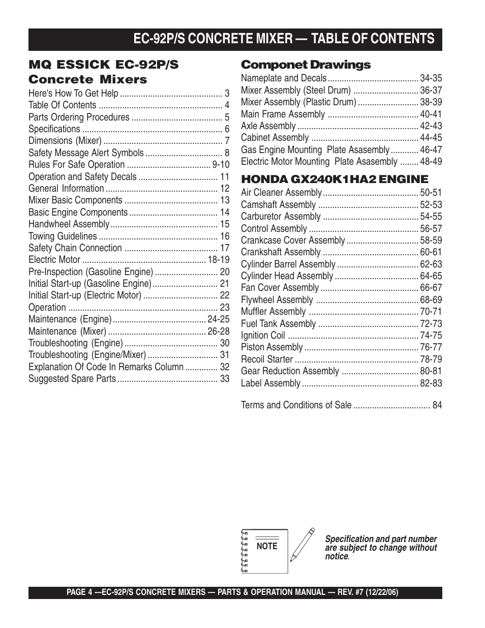 Ec-92p/s concrete mixer — table of contents | Multiquip EC92S_P User Manual | Page 4 / 86