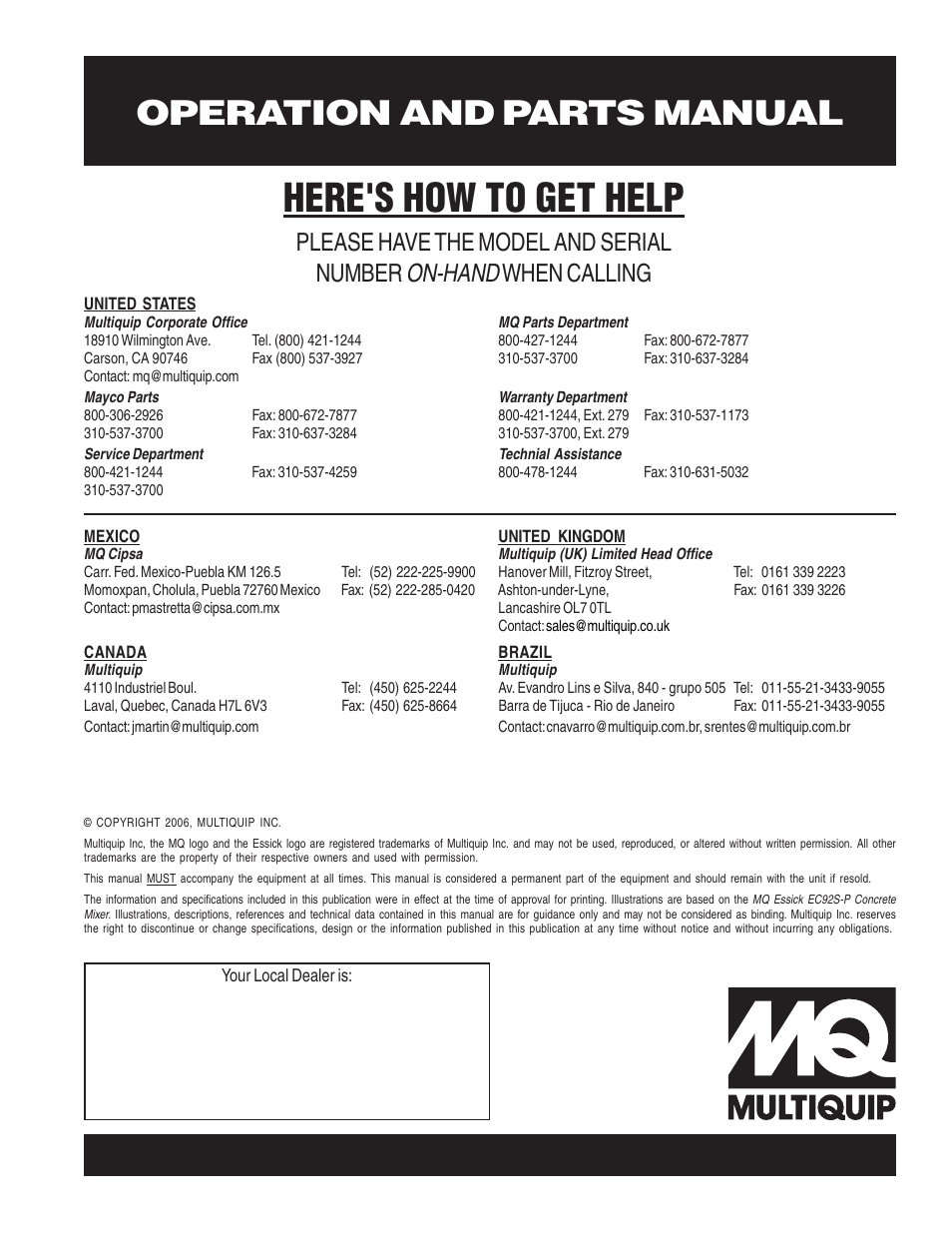 Here's how to get help, Operation and parts manual, On-hand | Please have the model and serial number, When calling | Multiquip EC92S_P User Manual | Page 86 / 86
