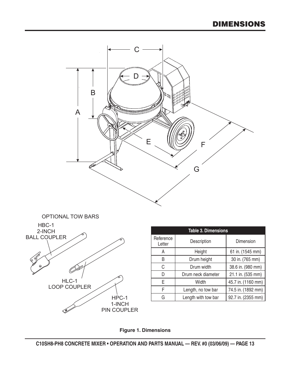 Dimensions, Ad b e, Cg f | Multiquip C10PH8 User Manual | Page 13 / 50