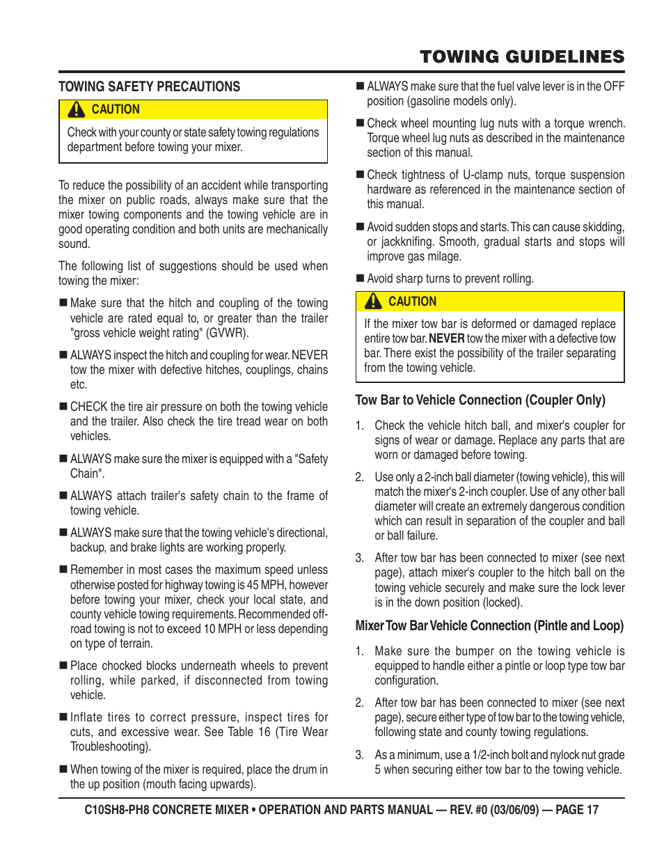 Towing guidelines | Multiquip C10PH8 User Manual | Page 17 / 50