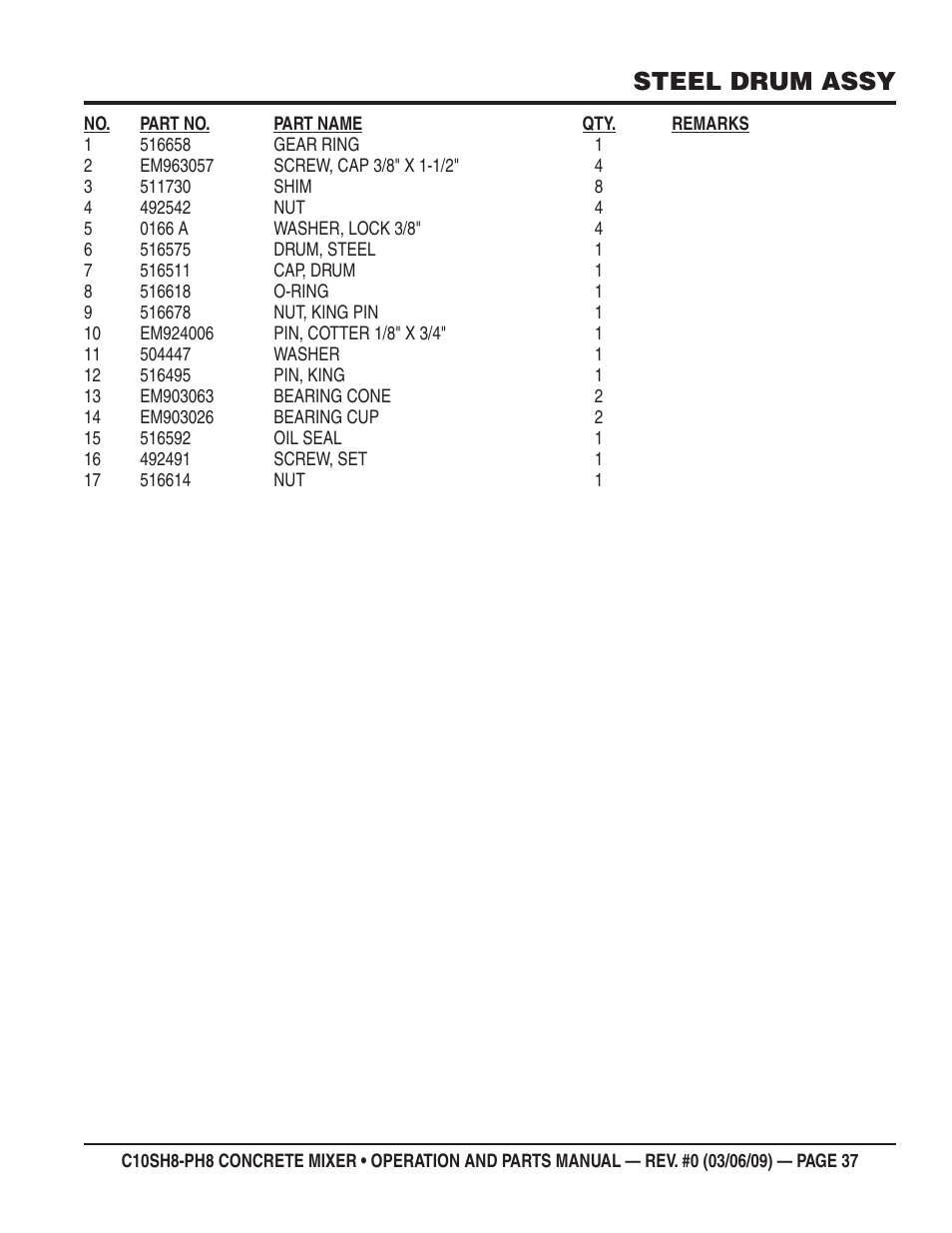 Steel drum assy | Multiquip C10PH8 User Manual | Page 37 / 50