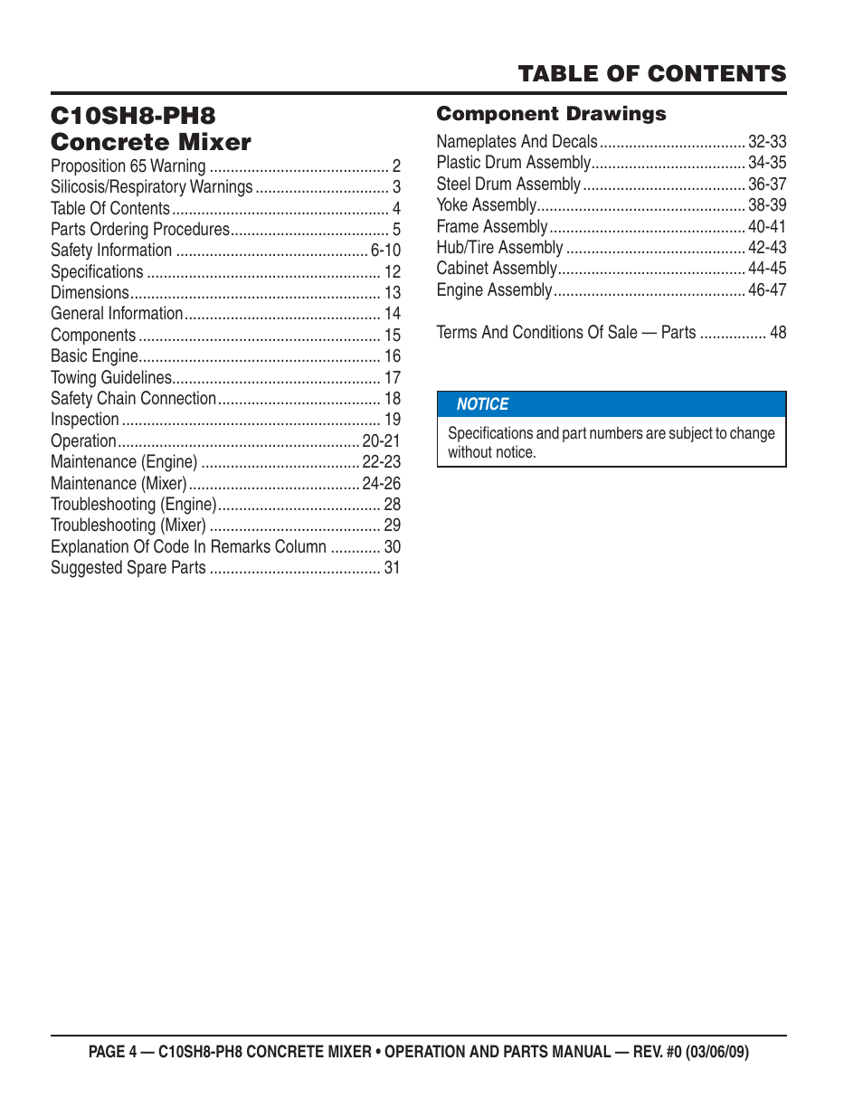 C10sh8-ph8 concrete mixer | Multiquip C10PH8 User Manual | Page 4 / 50