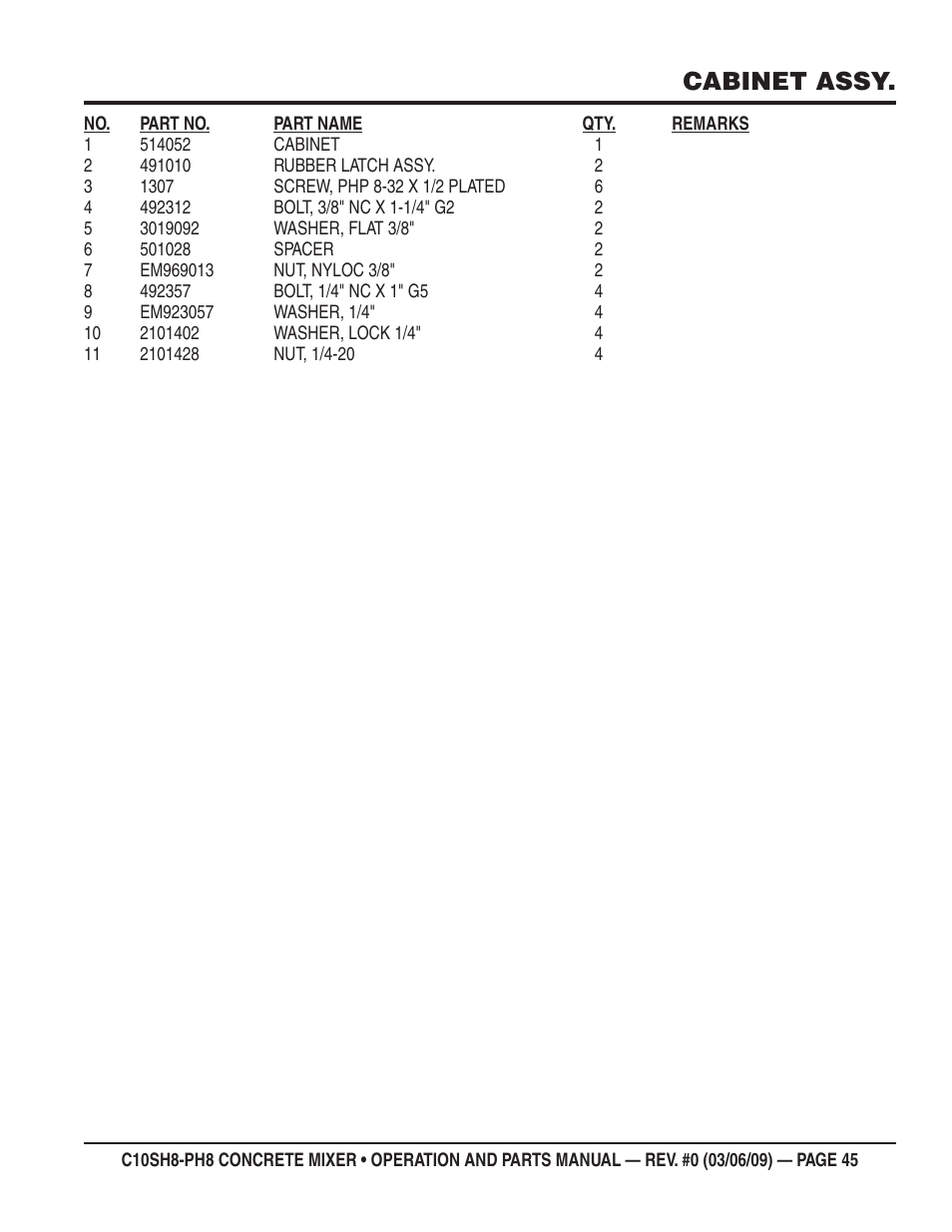Cabinet assy | Multiquip C10PH8 User Manual | Page 45 / 50