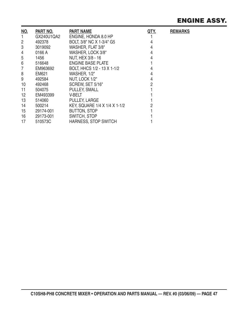 Engine assy | Multiquip C10PH8 User Manual | Page 47 / 50