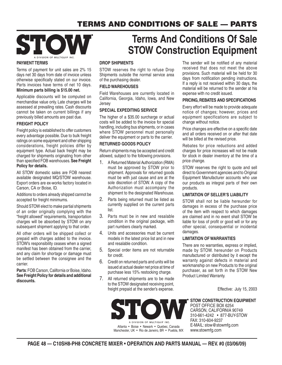 Terms and conditions of sale — parts | Multiquip C10PH8 User Manual | Page 48 / 50