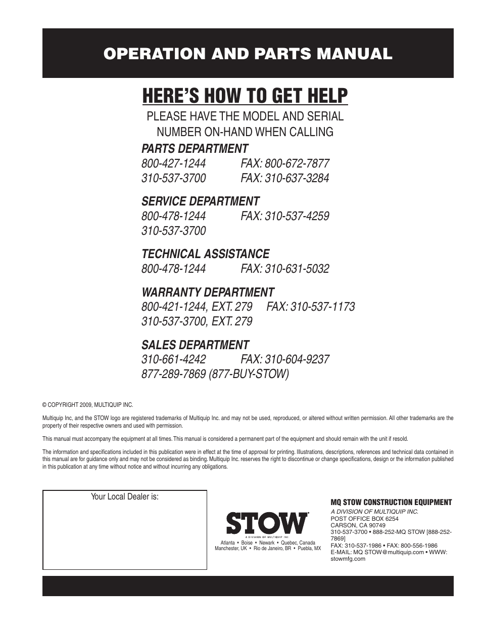 Here’s how to get help, Operation and parts manual | Multiquip C10PH8 User Manual | Page 50 / 50
