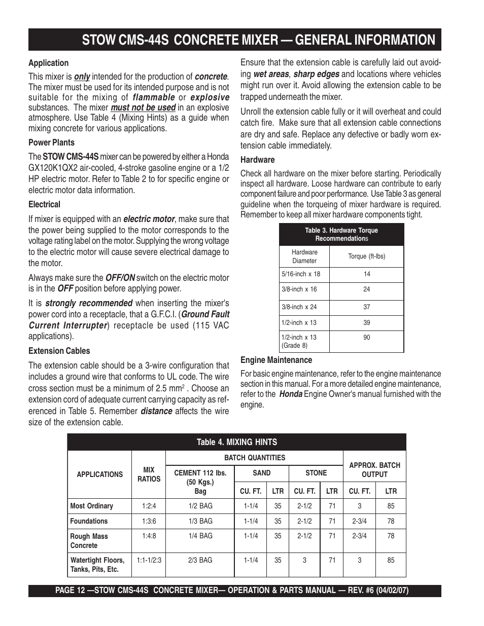 Stow cms-44s concrete mixer — general information | Multiquip CMS44S User Manual | Page 12 / 84